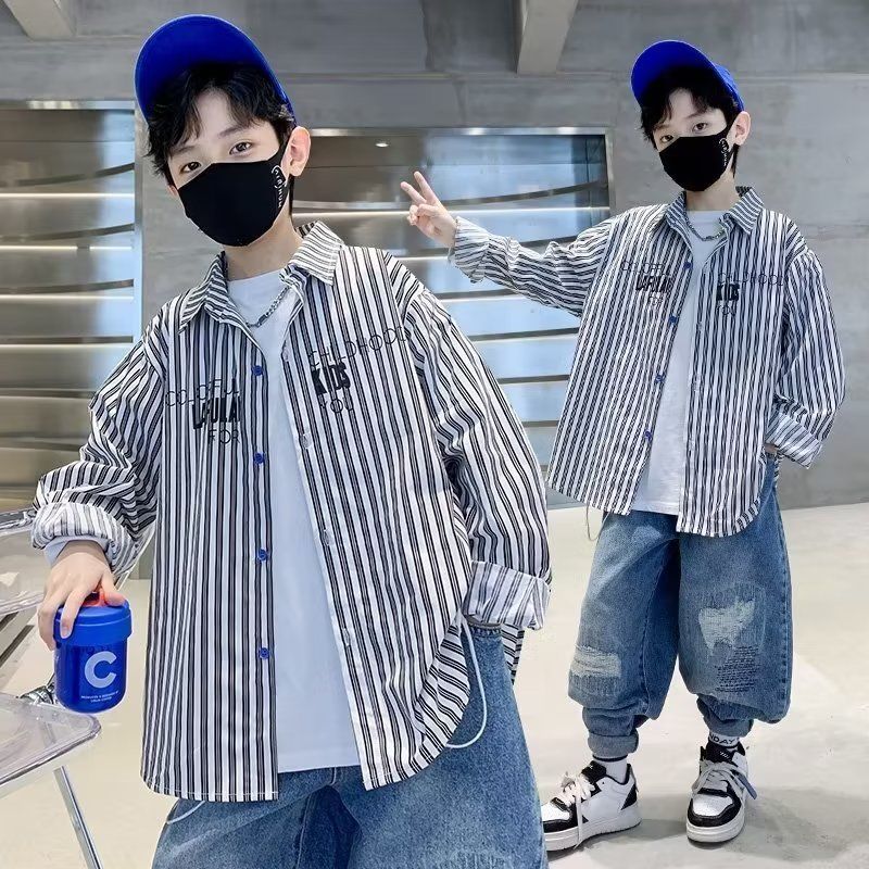 Striped shirt long-sleeved boy's design top coat Hong Kong style shirt handsome niche handsome chic Japanese trend
