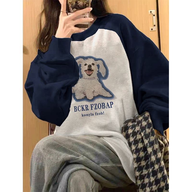 100%重磅純棉美式插肩圓領衛衣女2023春秋薄款寬鬆oversize上衣潮