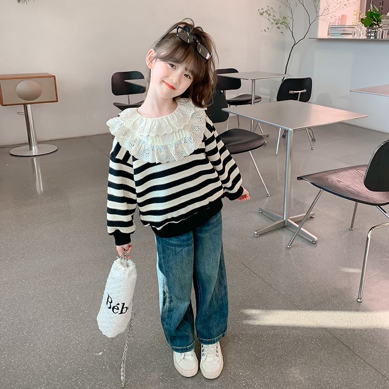 Girls' Autumn Sweaters  New Little Girls' Spring and Autumn Fashionable Striped Children's Clothing Children's Autumn Long-Sleeved Tops