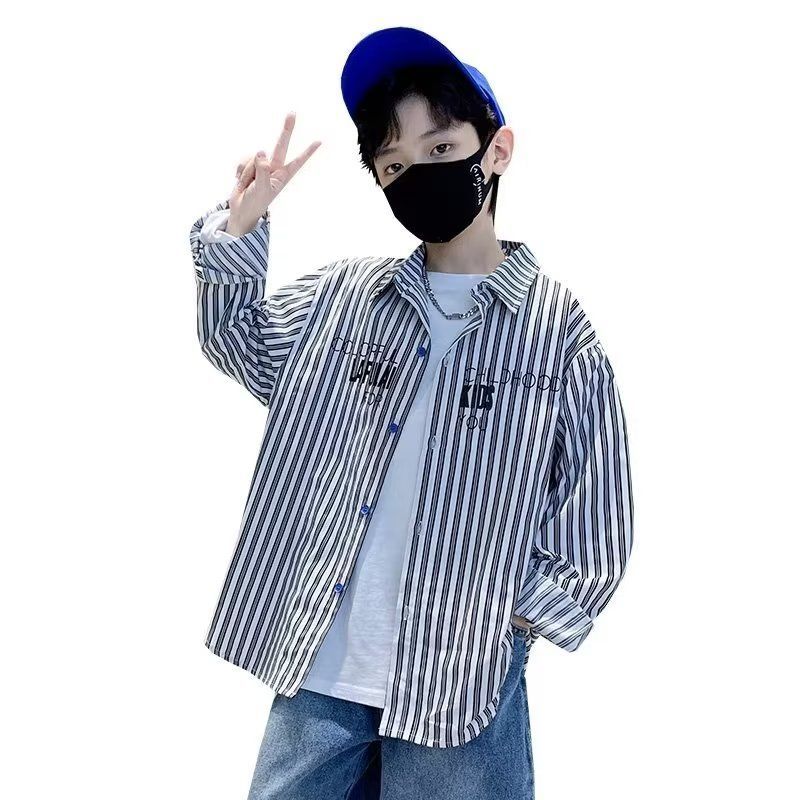 Striped shirt long-sleeved boy's design top coat Hong Kong style shirt handsome niche handsome chic Japanese trend