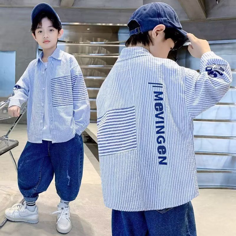 2023 autumn boys' shirts, long-sleeved children's clothing, Korean style spring and autumn styles, trendy sun-protective striped shirts for middle-aged and older children