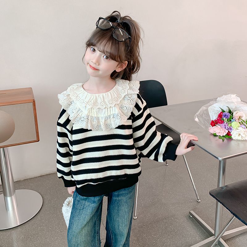 Girls' Autumn Sweaters  New Little Girls' Spring and Autumn Fashionable Striped Children's Clothing Children's Autumn Long-Sleeved Tops