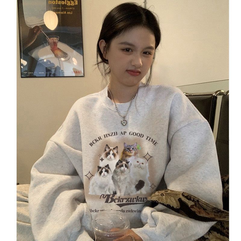 100%重磅純棉美式復古貓咪衛衣女中長款2023春秋薄款oversize寬鬆