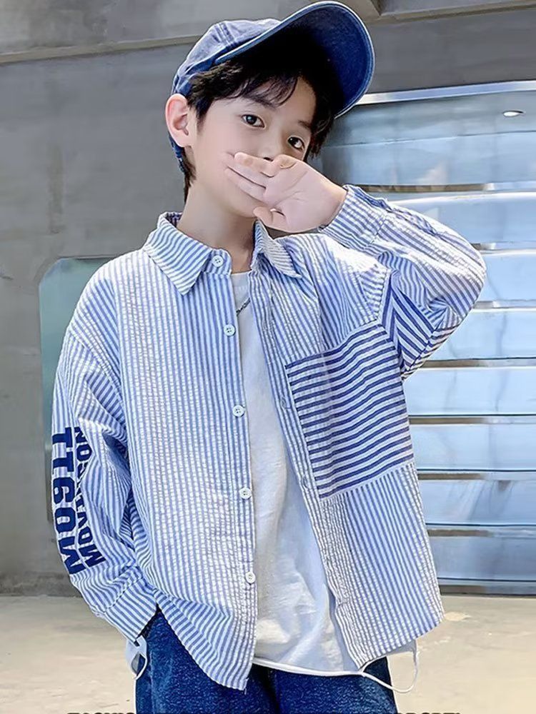 2023 autumn boys' shirts, long-sleeved children's clothing, Korean style spring and autumn styles, trendy sun-protective striped shirts for middle-aged and older children