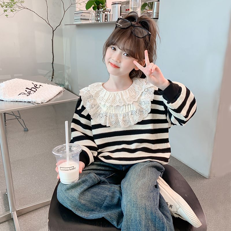 Girls' Autumn Sweaters  New Little Girls' Spring and Autumn Fashionable Striped Children's Clothing Children's Autumn Long-Sleeved Tops