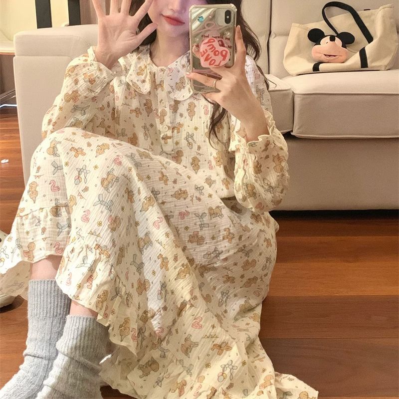 長袖韓版睡裙睡衣女春秋款女款秋季2023新款家居服長款睡裙冬款