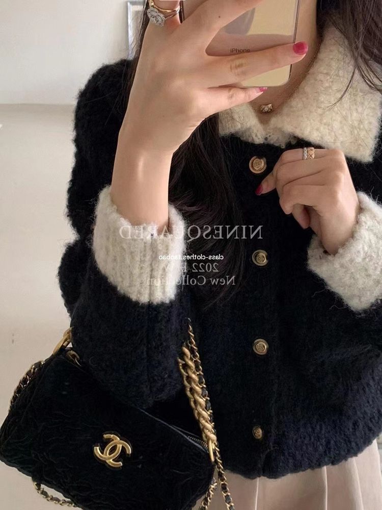 黑色小香風翻領針織開衫女秋冬季加厚軟糯短款毛衣外套polo衫上衣