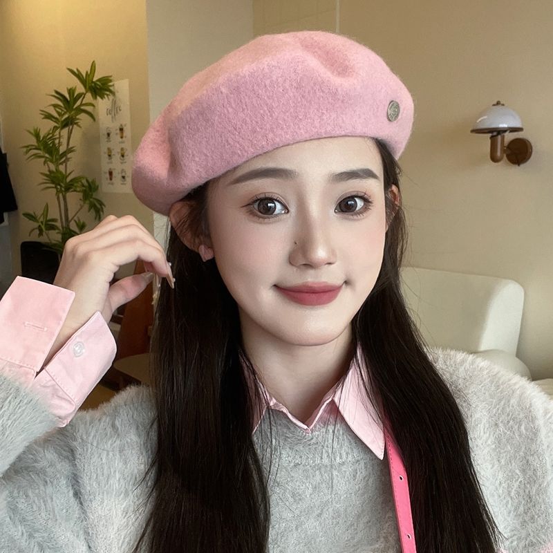 Cherry Blossom Pink~Wool wool Internet celebrity beret women's autumn and winter retro all-match show face small temperament painter hat trend spring