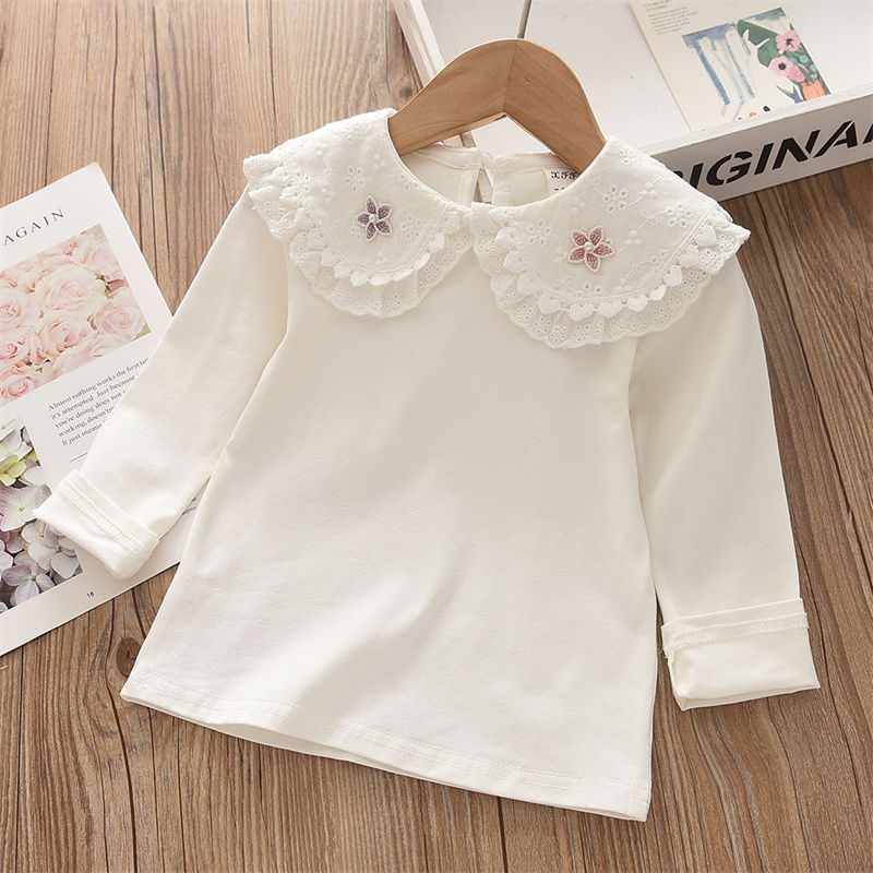 女童白色打底衫春秋长袖T恤女宝宝娃娃领衫上衣女孩花边翻领衬衫