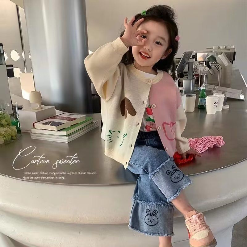 Girls Sweater Cardigan Spring and Autumn 2023 New Children's Fashionable Color Block Tops Girls Baby Spring Knitted Jackets