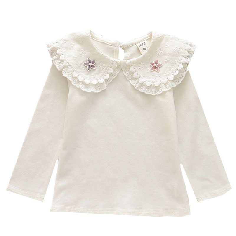女童白色打底衫春秋长袖T恤女宝宝娃娃领衫上衣女孩花边翻领衬衫