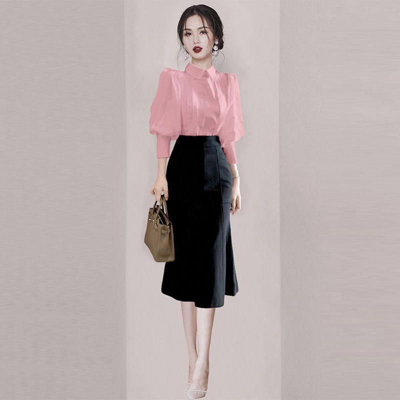 淑女減齡名媛范翻領燈籠袖襯衫2023早秋新款女裝通勤輕熟風ol上衣