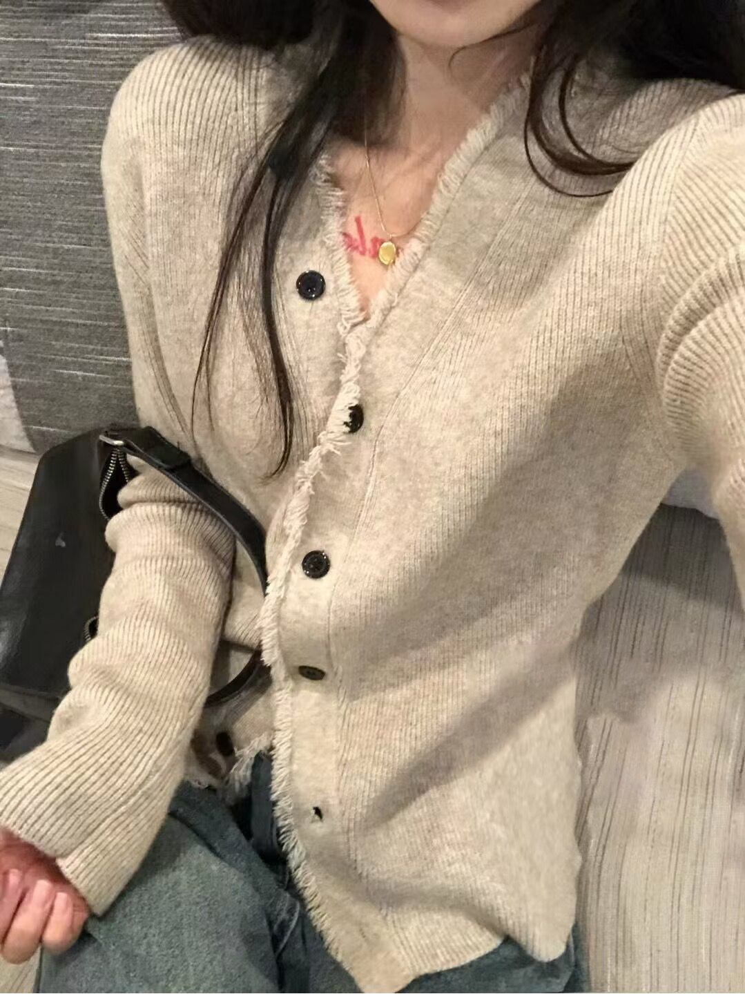 V領針織打底開衫女秋冬毛衣外套美拉德小眾修身別致甜辣長袖上衣
