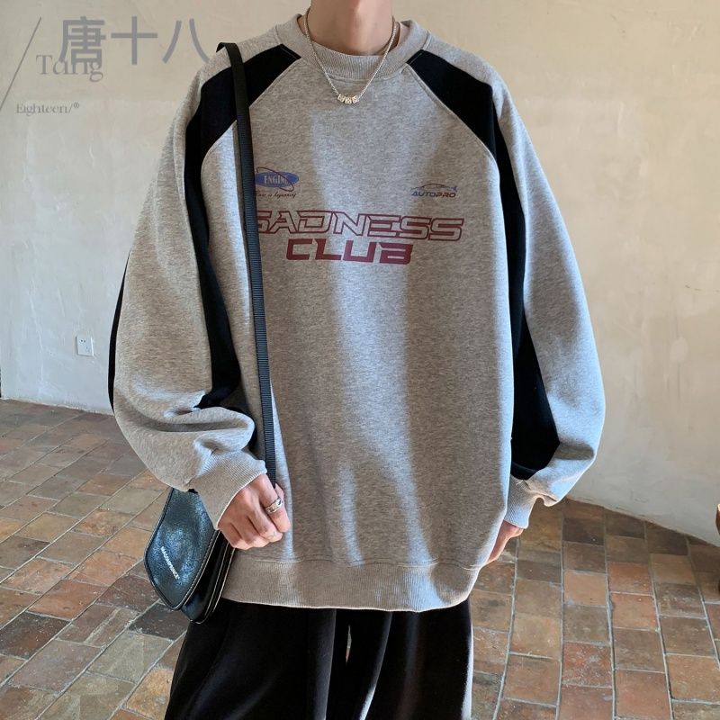 vintage街頭風字母印花機車服元素衛衣男2023秋季寬鬆撞色長袖t恤