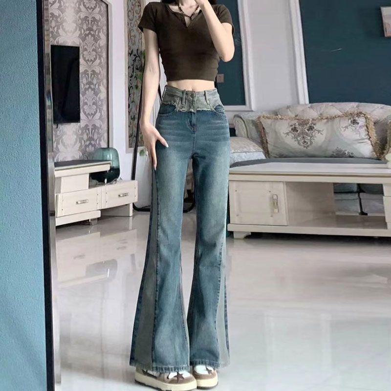 撞色拼接高腰牛仔褲女小個子復古長褲微喇馬蹄休閒闊腿拖地喇叭褲