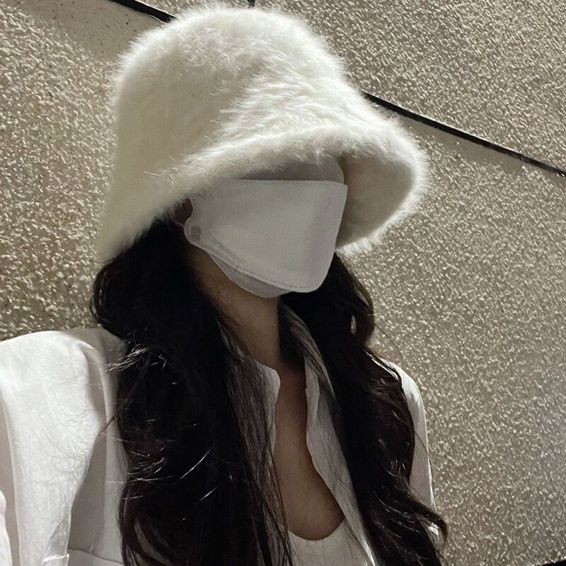 白色兔毛漁夫帽女秋冬毛絨水桶帽日系大頭圍盆帽顯臉小保暖帽子潮