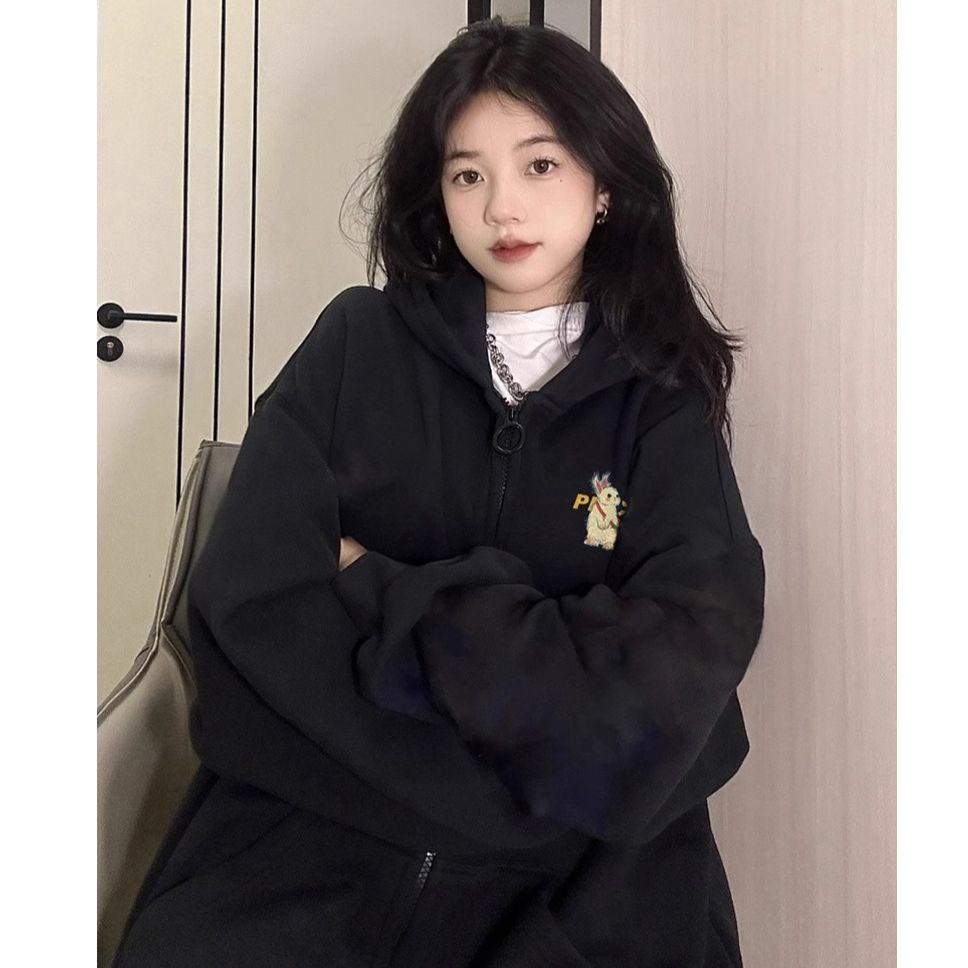 100%重磅純棉開衫黑色衛衣女2023春秋薄款外套寬鬆oversize中長款