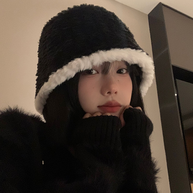 黑色毛絨水桶帽女秋冬季韓版百搭顯臉小漁夫帽日系大頭圍保暖帽子