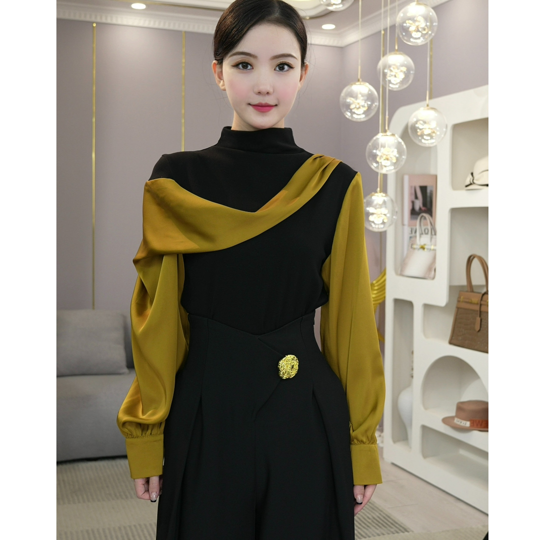  Early Autumn New Fashion Temperament Niche Design Irregular Splicing Slim Half Turtle Collar Versatile Long Sleeve Shirt