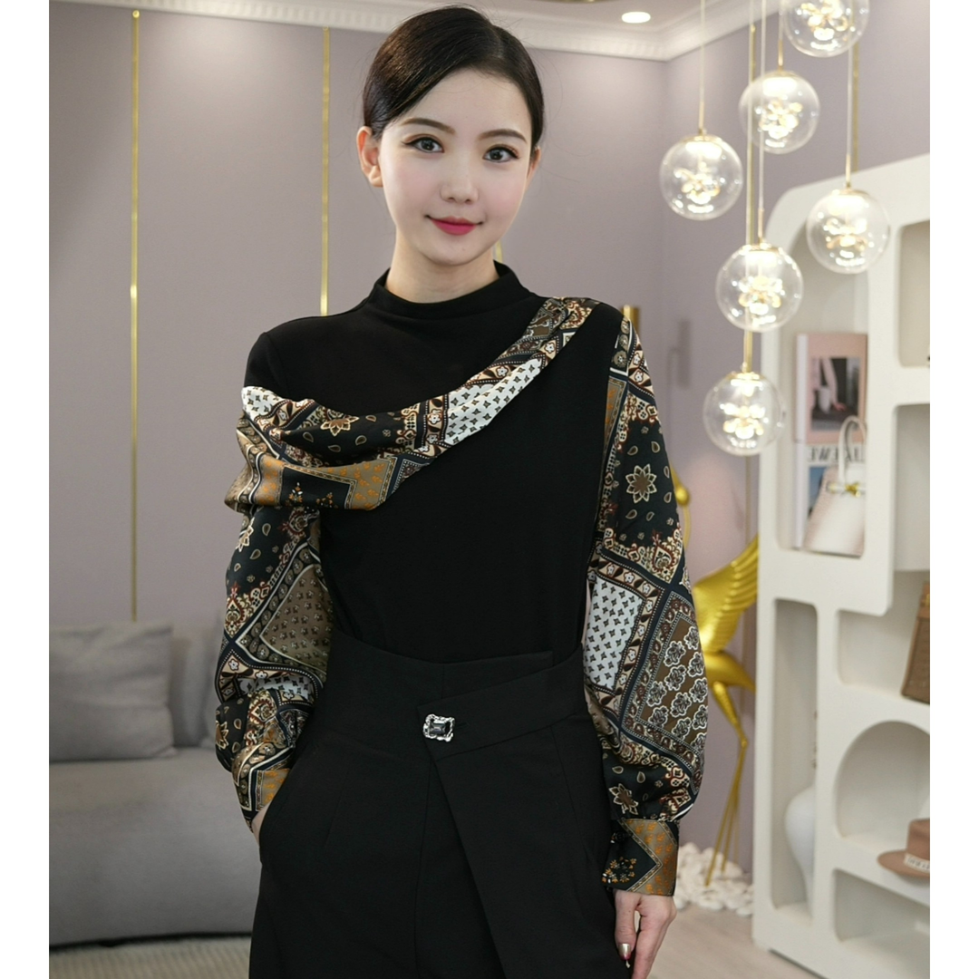  Early Autumn New Fashion Temperament Niche Design Irregular Splicing Slim Half Turtle Collar Versatile Long Sleeve Shirt