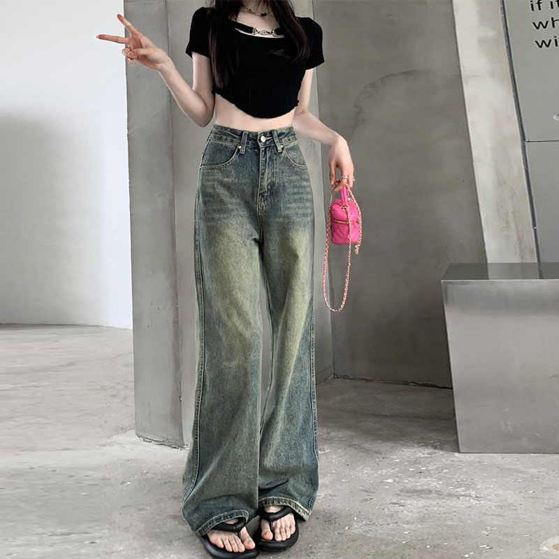 美式高街復古牛仔褲女春秋高腰寬鬆懷舊直筒梨型身材闊腿拖地褲子