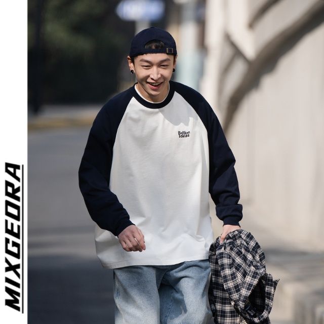 CityBoy日系寬鬆春秋款新款黑白拼接插肩袖長袖t恤男衛衣