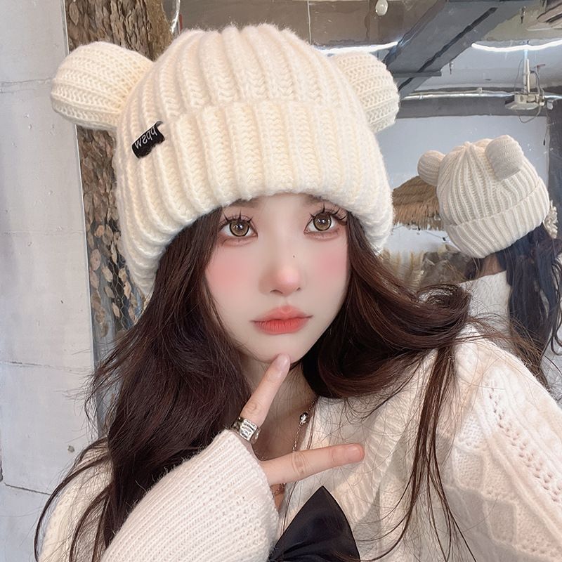 Fashionable knitted woolen hat with kitten ears for women, autumn and winter Korean version plus velvet to keep warm Japanese style versatile and cute cold hat trend