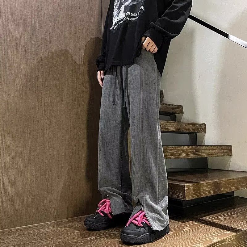 cleanfit燈芯絨拉鏈褲子男春秋垂感開叉微喇直筒褲休閒潮牌闊腿褲