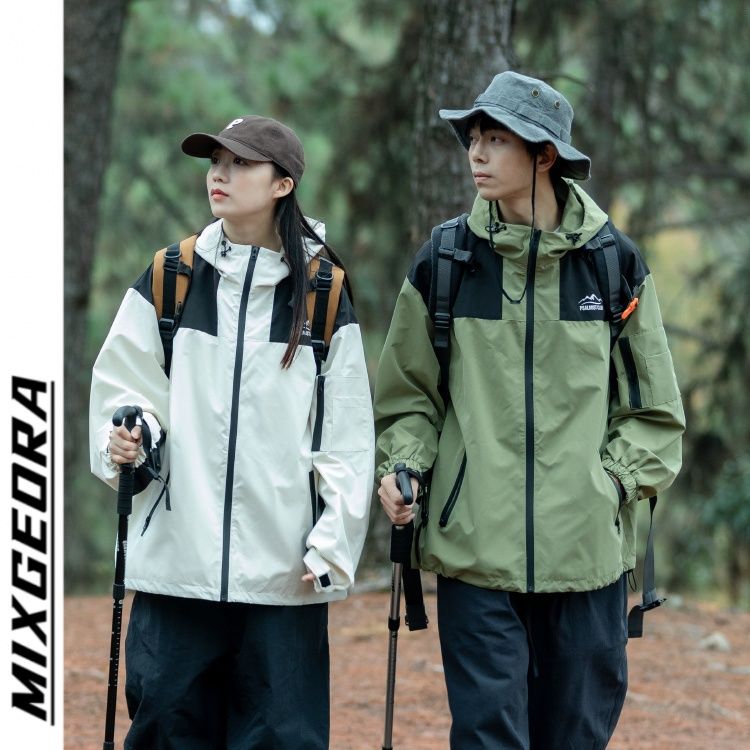 戶外拼色連帽衝鋒衣男春秋款日系寬鬆防風防水登山服外套