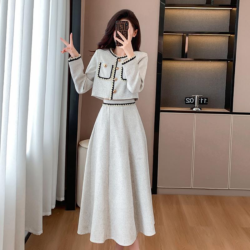 [Brand LALADUDU] Fat mm small fragrant suit, feminine ladylike short coat, high-waisted flesh-covering skirt