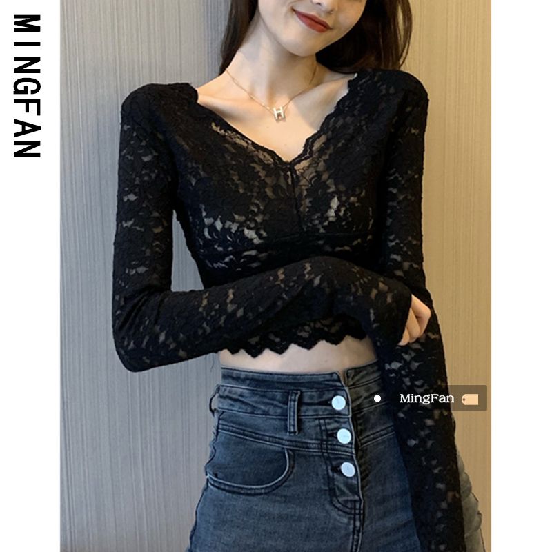 2023年女裝新款早秋季內搭蕾絲衫修身襯衫V領打底衫長袖小衫上衣