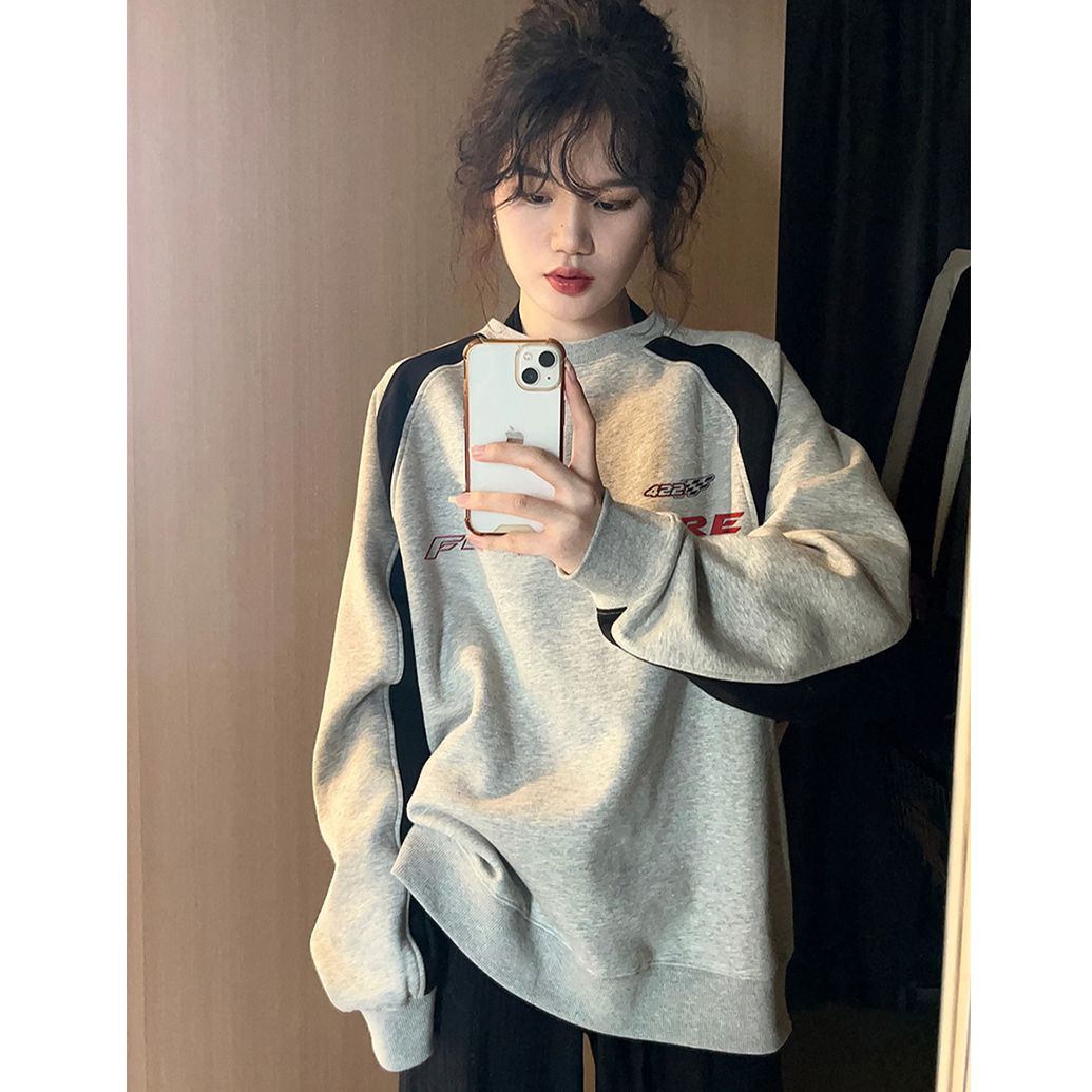100%重磅純棉拼接圓領衛衣女2023春秋薄款寬鬆設計感小眾長袖上衣