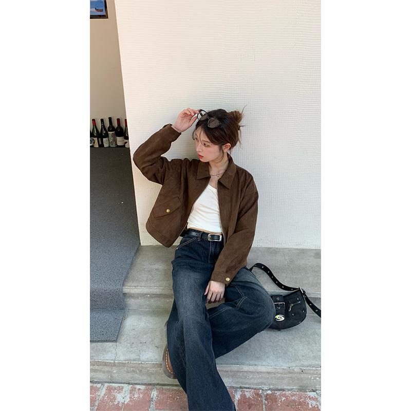 甜酷俏皮棕色短外套春秋新款女短款拉鏈翻領美式復古夾克上衣
