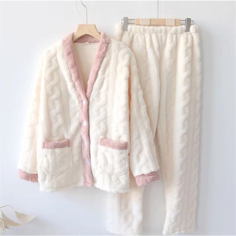 法蘭絨睡衣女秋冬季珊瑚加絨加厚2023年新款網紅風家居服兩件套裝