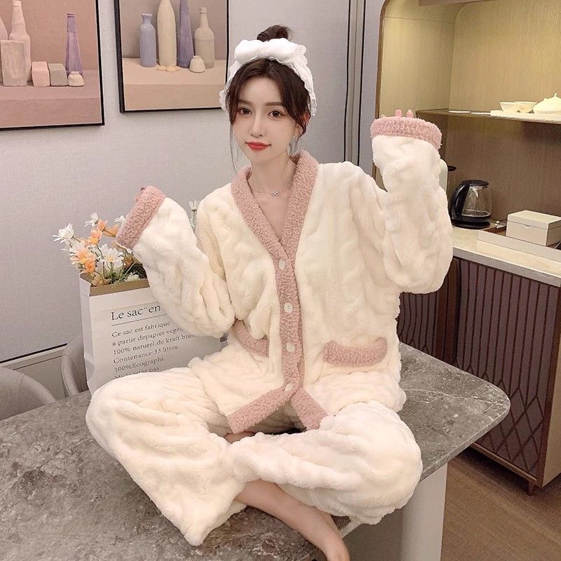 睡衣女秋冬季珊瑚絨長袖加絨加厚網紅風法蘭絨冬款可愛卡通可外穿