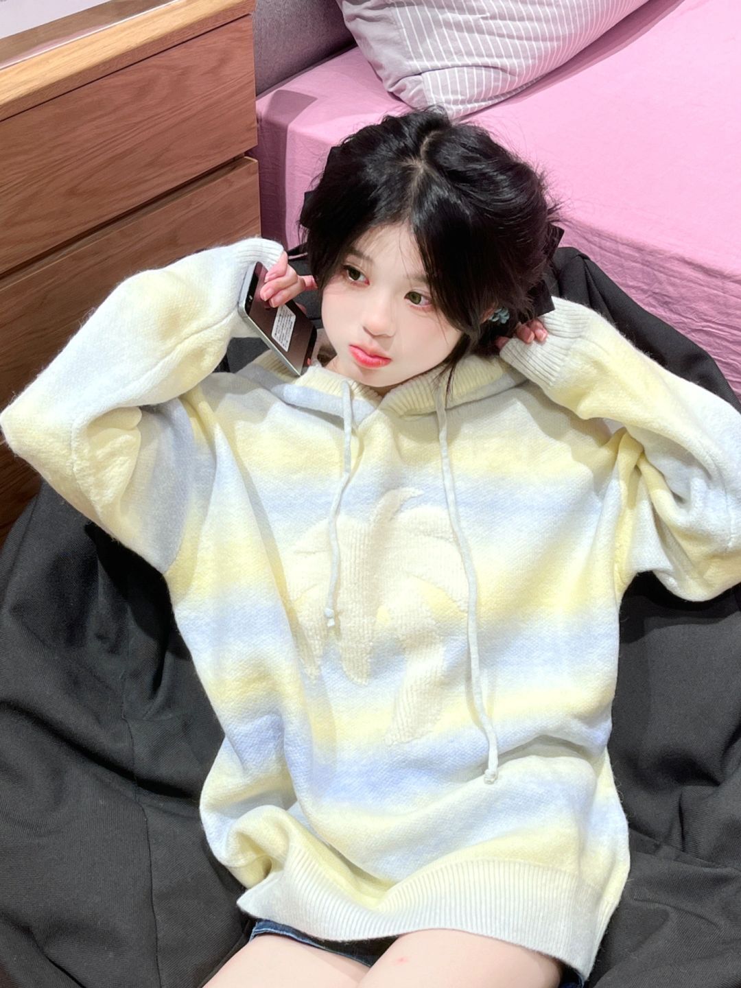 美式復古慵懶風連帽衛衣女秋冬小個子高級感寬鬆顯瘦針織毛衣外套