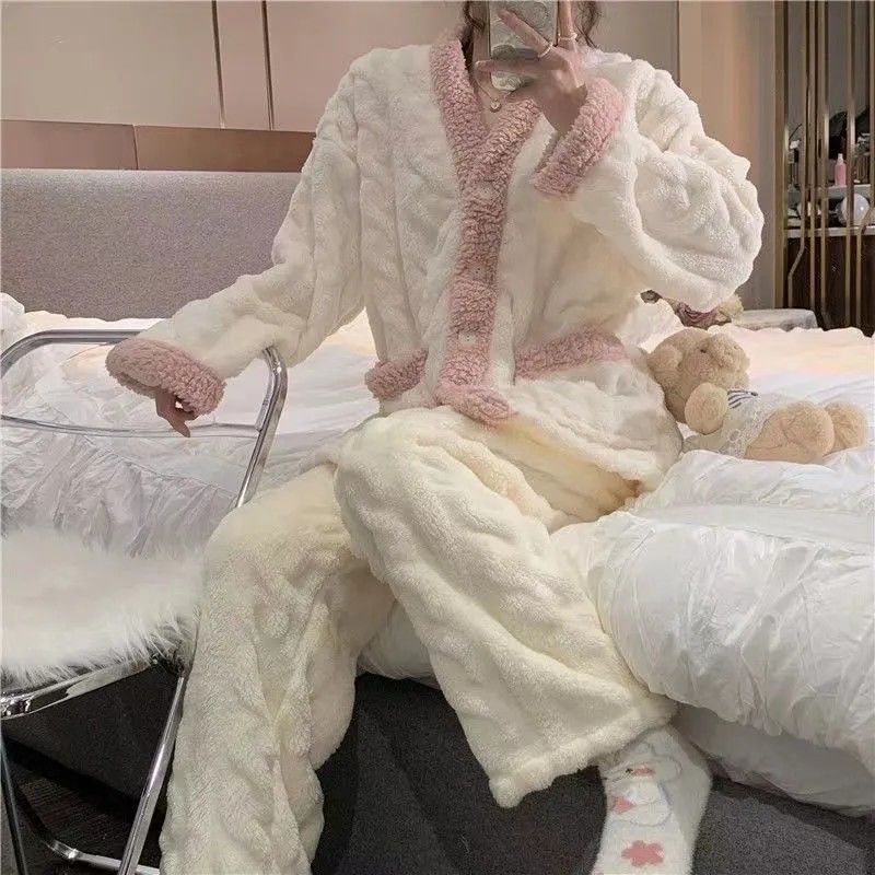 睡衣女珊瑚絨加絨加厚秋冬季2023新款網紅V領甜美簡約可外穿家居