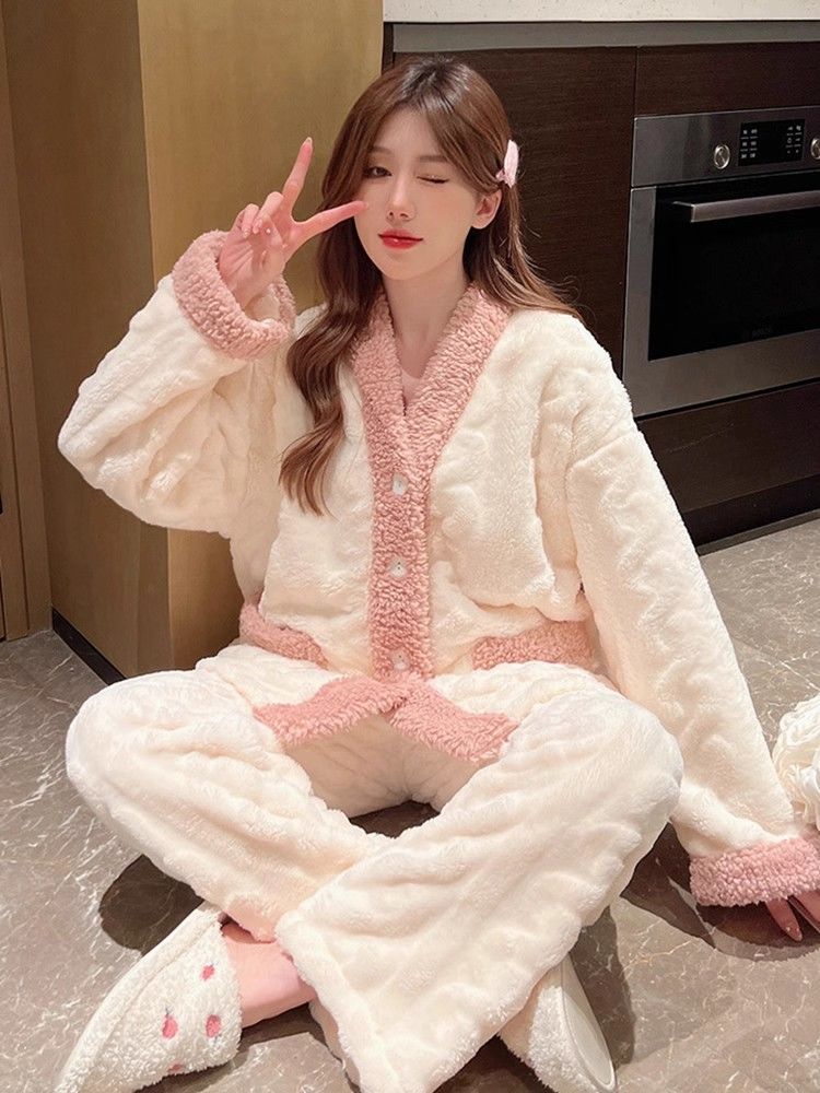 睡衣女款春秋季2023新款長袖珊瑚絨加絨加厚套裝冬天家居服可外穿