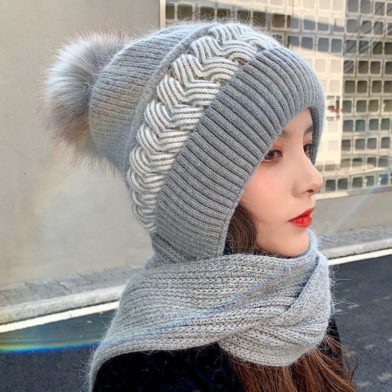 帽子女冬季新款围脖一体加绒加厚百搭时尚女士护耳保暖针织毛线帽
