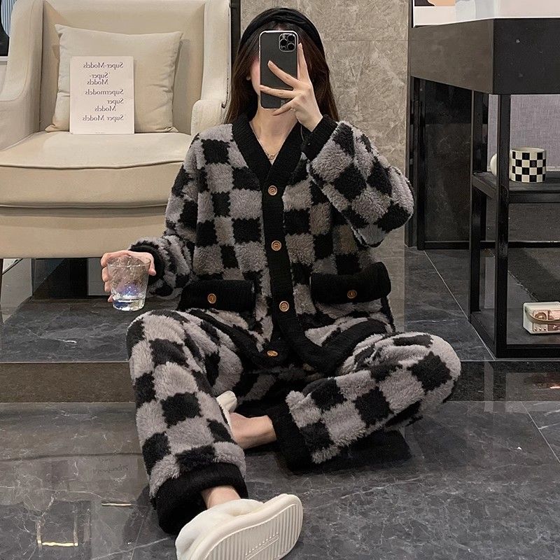 小香風網紅珊瑚絨睡衣女款秋冬季加絨加厚保暖法蘭毛絨家居服冬天