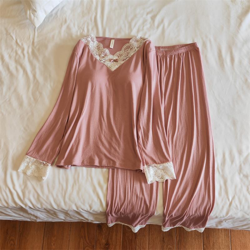 莫代爾帶胸墊睡衣女秋季V領純棉可外穿純棉簡約休閒家居服兩件套