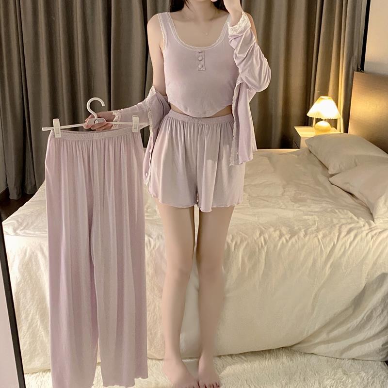 純色帶胸墊睡衣女春秋莫代爾純棉長袖背心四件套甜美性感夏季薄款
