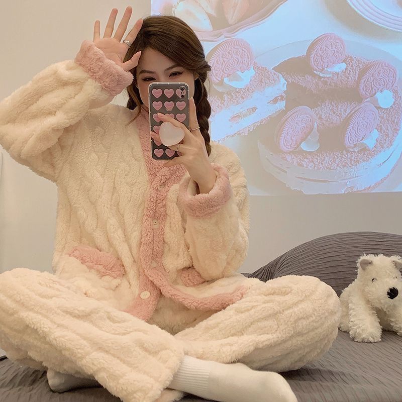 睡衣女秋冬季珊瑚絨長袖加絨加厚網紅風法蘭絨冬款可愛卡通可外穿