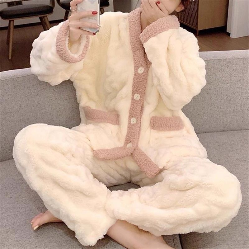 珊瑚絨睡衣女冬季長袖2023年新款法蘭絨加厚保暖春秋天家居服套裝