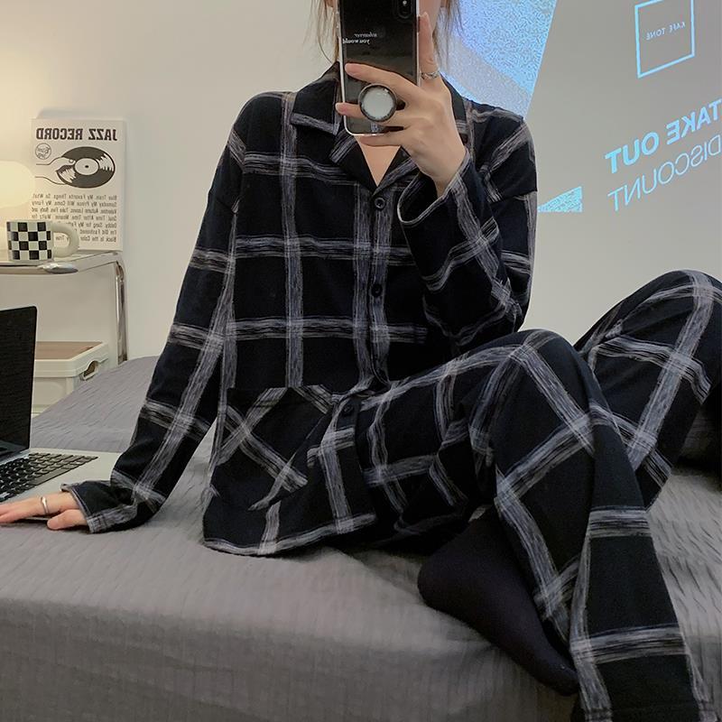 韓國簡約格紋春秋季網紅ins口袋睡衣女高級感長袖兩件套裝家居服