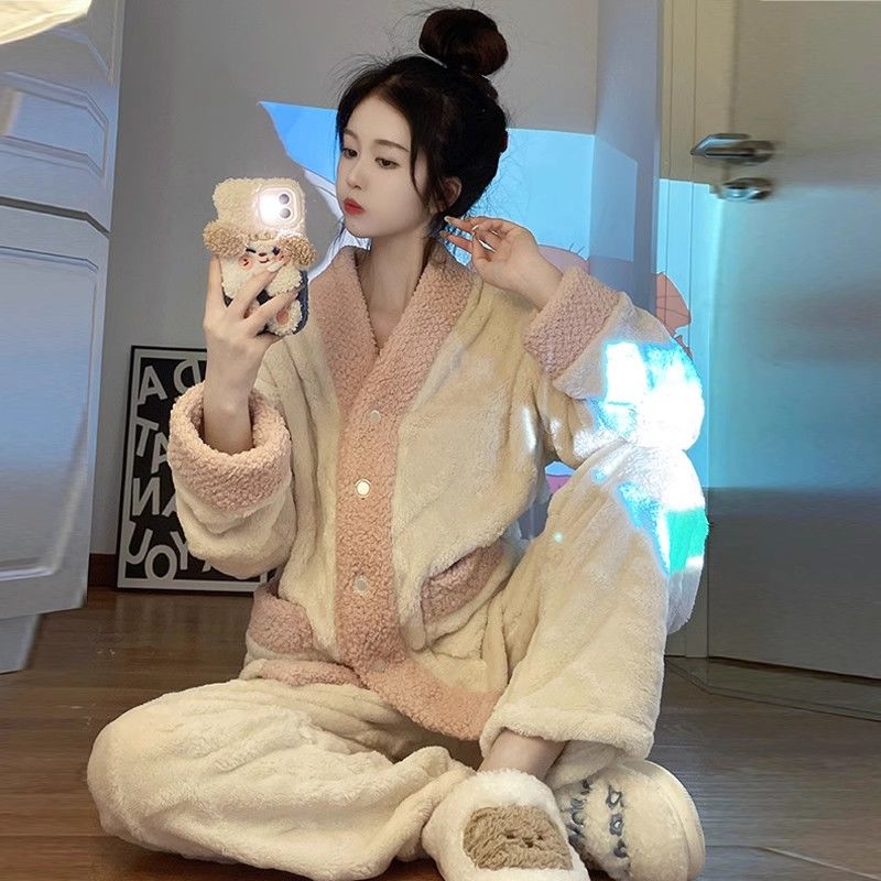 珊瑚絨睡衣女秋冬季加厚加絨法蘭絨韓版可愛保暖家居服女卡通套裝
