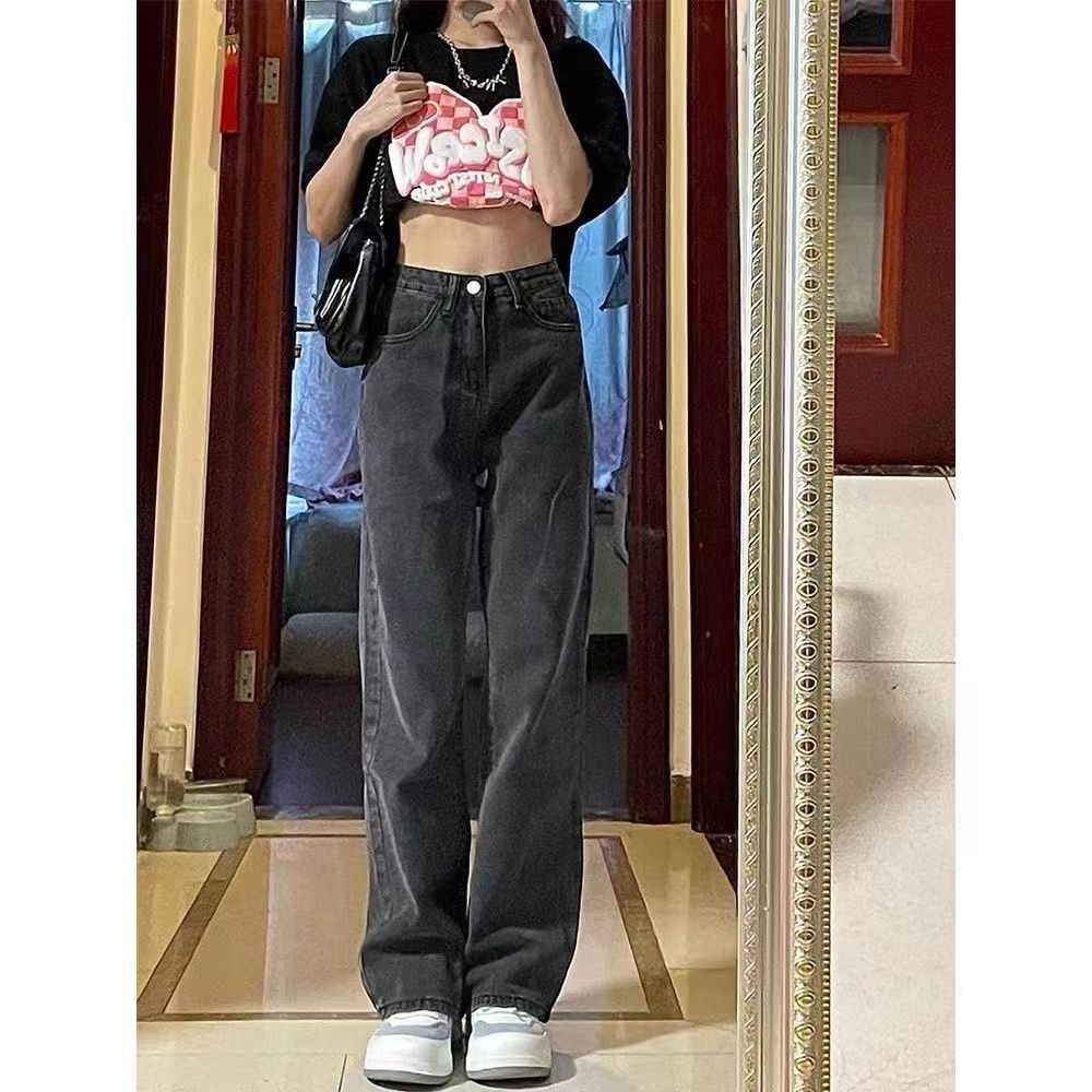 黑灰色窄版闊腿牛仔褲女秋季新款2023年高腰小個子寬鬆撞色直筒褲