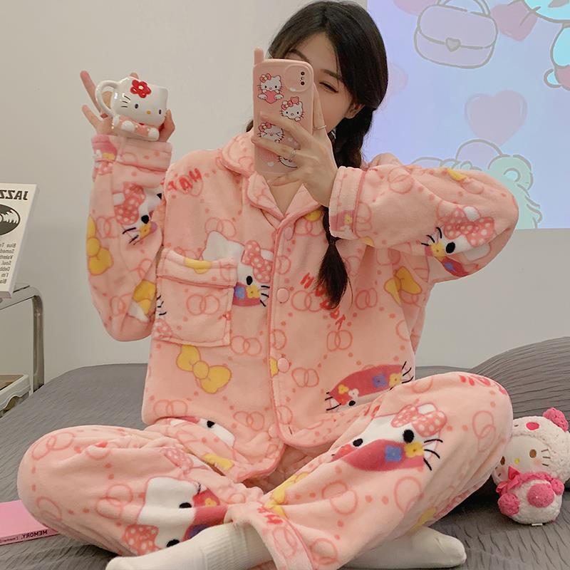 2023年新款卡通凱蒂貓加絨加厚珊瑚絨睡衣女士秋冬季法蘭絨家居服