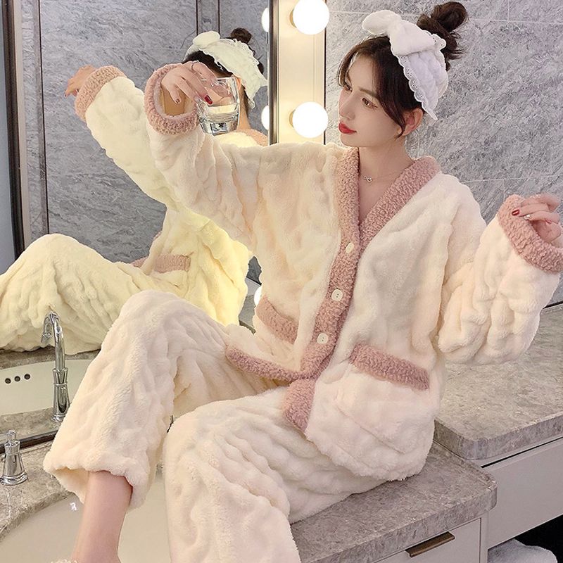 秋冬季珊瑚絨睡衣女士2023新款加絨加厚保暖冬天法蘭絨家居服套裝