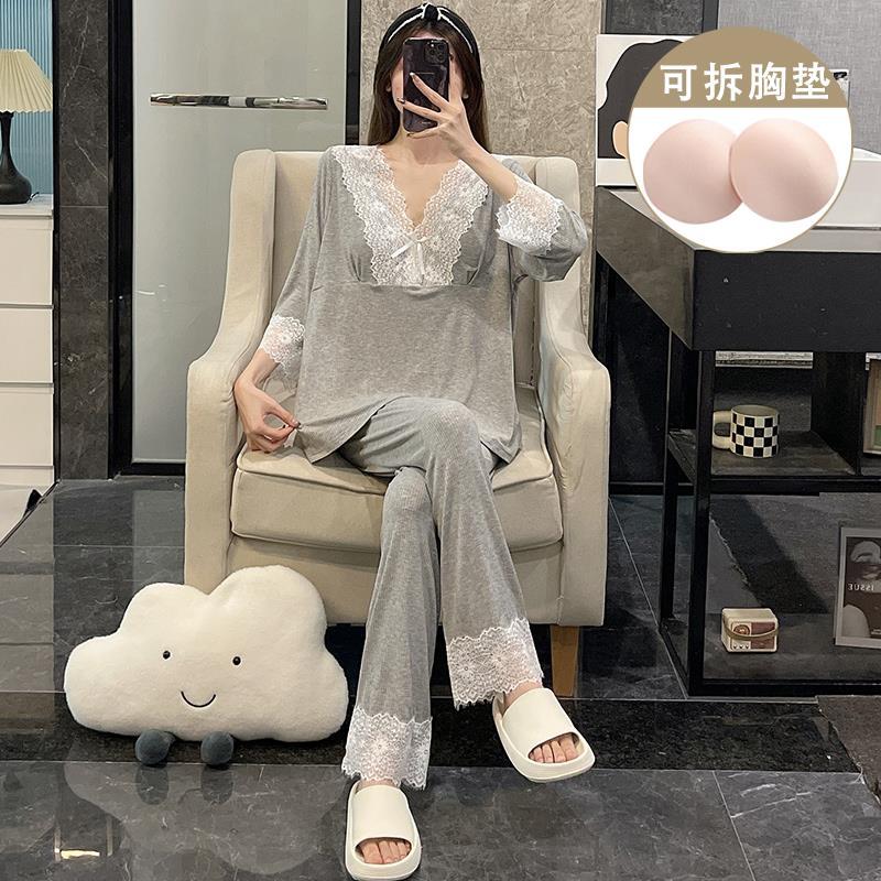 七分袖長褲睡衣女夏季莫代爾棉網紅爆款性感蕾絲灰色帶胸墊家居服